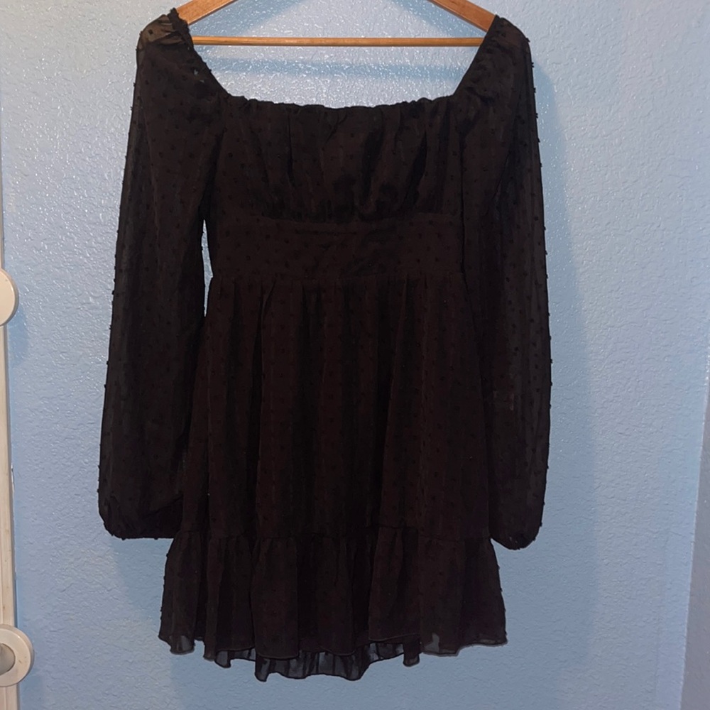 Women’s black SHEIN small mini dress with sheer sleeves and open back